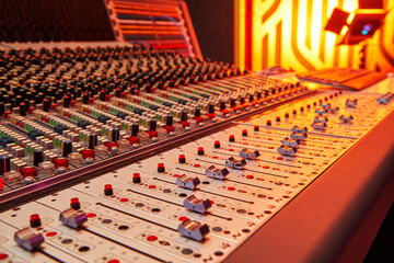 Sound recording studio mixing desk. Professional Equipment. Record.