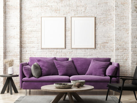 Living room with purple sofa, black modern armchair and home decoration. Mock-up poster on the brick wall background, 3d illustration