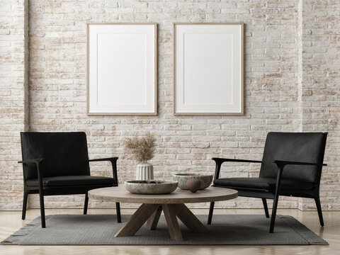 Mock-up poster in living room design, two black armchairs, wooden table with home decoration, 3d illustration.