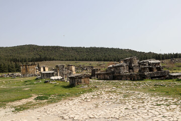 Fototapeta na wymiar ancient ruined tombs of Necropolis in Hierapolis, Turkey