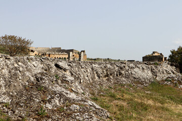 Fototapeta premium view to the ruins of theater in ancient Hierapolis city, Turkey