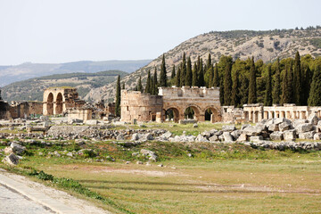 Fototapeta na wymiar landscape with main gate of the ruined ancient city Hierapolis in Turkey