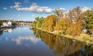 Fototapeta na wymiar autumn park on the island near the Charles Bridge is reflected on the river surface