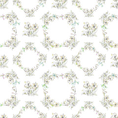 Watercolor pattern with wild flowers. White background. 