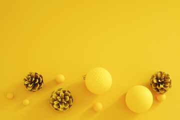 Yellow Christmas composition on the yellow background. Trendy Xmas background, mockup. Modern...