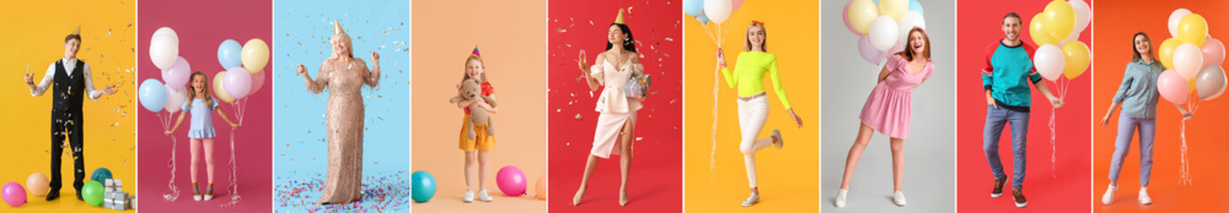 Group of people celebrating Birthday on color background