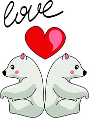 Love, heart, couple polar bears vector isolated illustration on bright background. Concept for logo, cards, print 