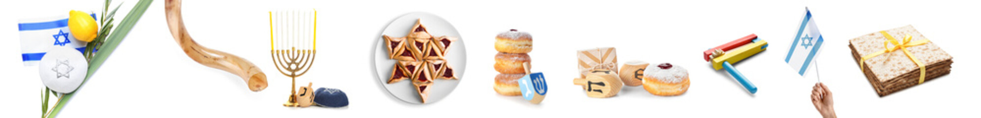 Different symbols of Judaism religion on white background