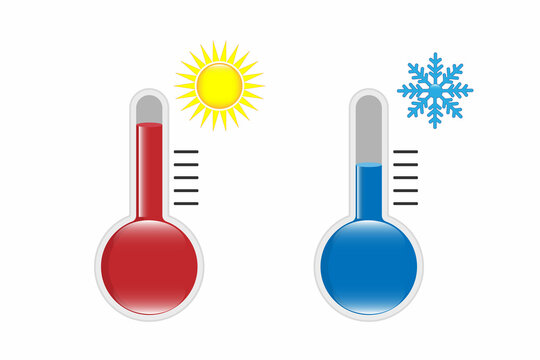Flat design of celsius and fahrenheit meteorology thermometers. Measuring hot and cold temperature. Snowflake, sun icons. Vector illustration