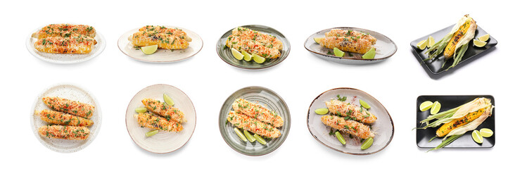 Delicious grilled Mexican street corn on white background