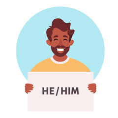 Man holding sign with gender pronouns. She, he, they, non-binary. Gender-neutral movement. Vector illustration