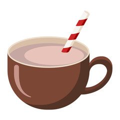 Cup of Cocoa with Straiped Straw. Flat Style. Seasonal Winter Drink. Cup of Hot Chocolate with Pipe icon for logo, sticker, print, recipe, menu , cafe decor and decoration