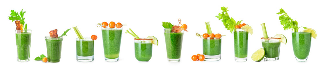 Glass of bloody Mary cocktail garnished with bacon and celery on white background