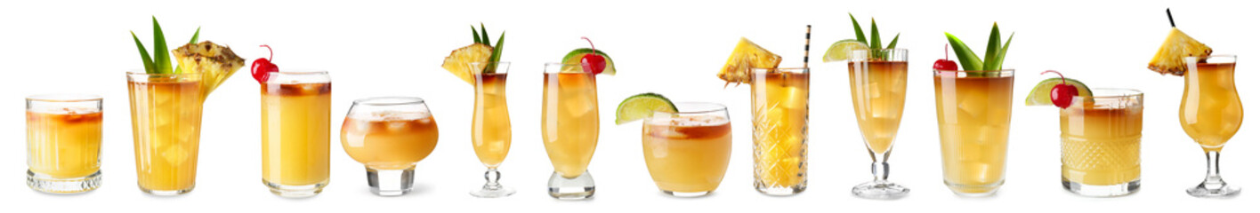 Glasses of tasty Mai Tai cocktail on white background