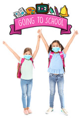 Little girls with medical masks on white background. Going to school during Coronavirus epidemic