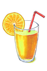 A sketch of a glass of orange juice. A slice of an orange hangs on a glass