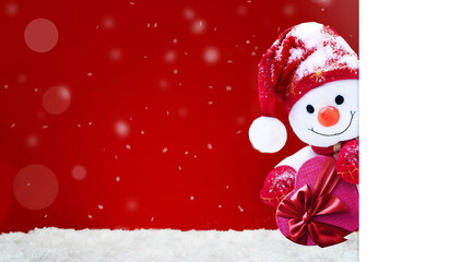 Little snowman in caps and scarfs with gift box. Background with a funny snowman. Christmas card.