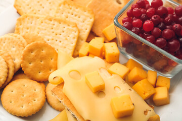 Platter with crunchy crackers, cranberry and cheese, closeup
