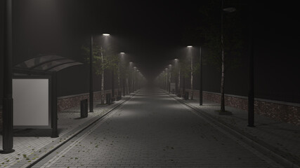Empty Cobblestone Street with a Bus Stop at Night 3D Rendering