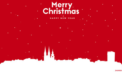 Christmas and new year red greeting card with white cityscape of Zagreb