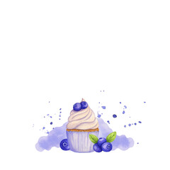 Hand drawn watercolor composition cupcake decorated with blueberries. Violet splashes. Isolated. Use for card, poster