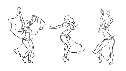Set of woman performing belly dancing  line vector illustartion