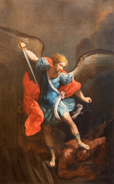 ROME, ITALY - AUGUST 29, 2021: The painting of Michael Archangel in the church Chiesa di San Francesco a Ripa after Guido Reni by Carlo Cigani (1628 –1719).