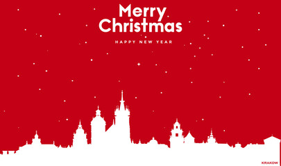 Fototapeta na wymiar Christmas and new year red greeting card with white cityscape of Krakow