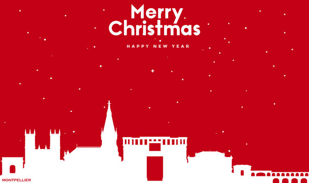 Christmas and new year red greeting card with white cityscape of Montpellier