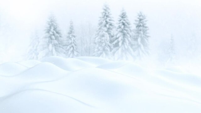 Blurry snowy christmas new years landscape with forest in the background. Concept holidays greeting card copy space animation.