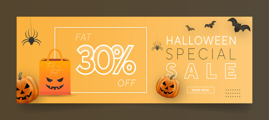 Halloween sale banner or facebook cover page timeline, web ad template with pumpkins and bats on yellow background.