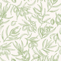 Fototapeta premium Olive tree sprigs, seamless vector pattern. Hand drawn, green outlines engraved olives on beige background for design packaging, textile, wallpaper, fabric