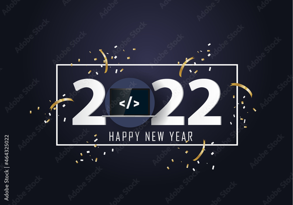 Aufkleber happy new year 2022. year 2022 with laptop and programming code on screen