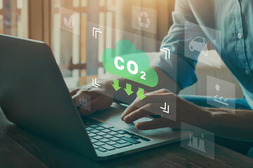 reduce CO2 emission concept with icons, global warming