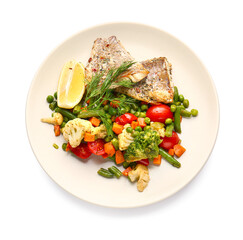 Plate with tasty baked cod fillet and vegetables on white background