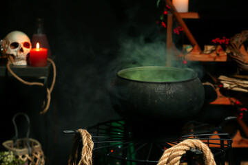 Cauldron with potion in witch's lair - obrazy, fototapety, plakaty