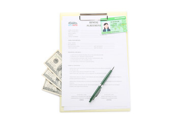 Clipboard with rental agreement, money, driver license and pen on white background