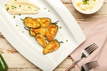 Plate with tasty jalapeno poppers and sauce on light wooden background