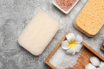 Bath sponges and salt on grey background