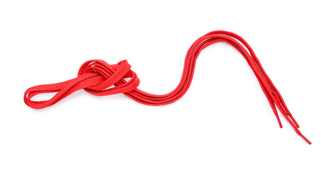 Red shoe laces tied in knot on white background