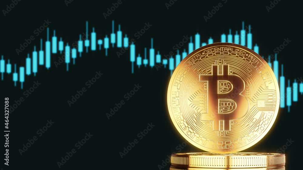 Poster video animation of a spinning golden bitcoin on a stack of bitcoin coins in the background a trading