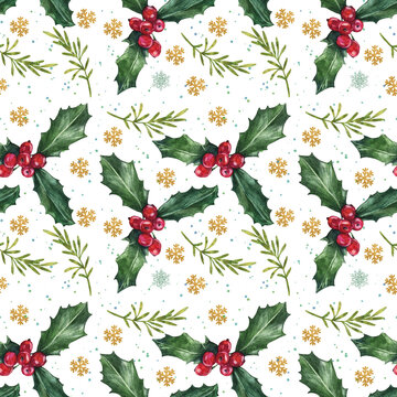 Hand drawn abstract Christmas seamless pattern with holly berries and stars isolated on white background