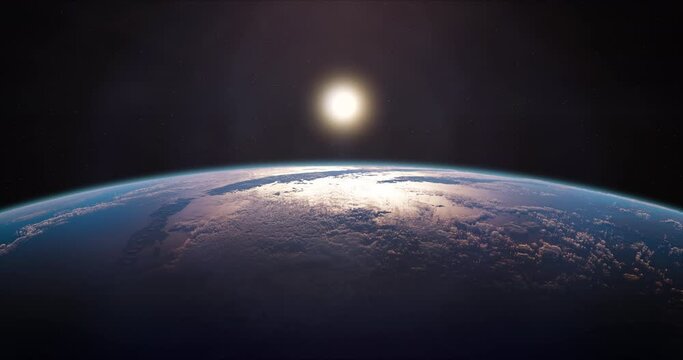 Sun, earth and moon 4K. Sunset. Moon rising behind planet earth horizon while sun is shining with lens flare. Cinematic space scene. Stars at the background. Elements of this image furnished by NASA.