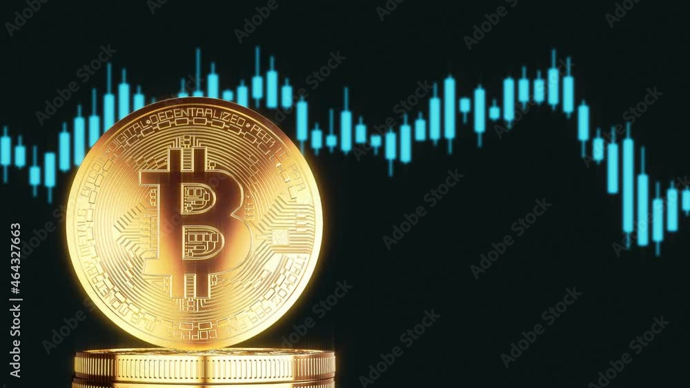 Poster video animation of a spinning golden bitcoin on a stack of bitcoin coins in the background a trading