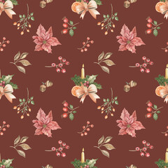 Christmas seamless pattern. Red poinsettia background .Winter plants.