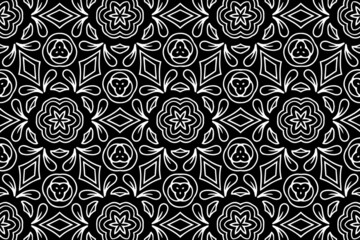 Vintage ethnic pattern, geometric floral ornament. Cover design, banner in oriental, asian, indonesian, mexican, aztec styles. Black white template for coloring, presentations.