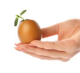 Woman holding green seedling in eggshell on white background