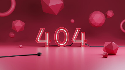 404, page not found on pink background with wires. 3d illustration