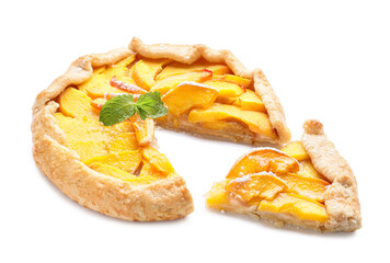 Tasty peach galette with slice on white background