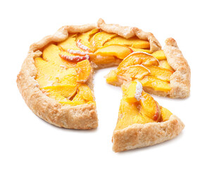 Pieces of tasty peach galette on white background